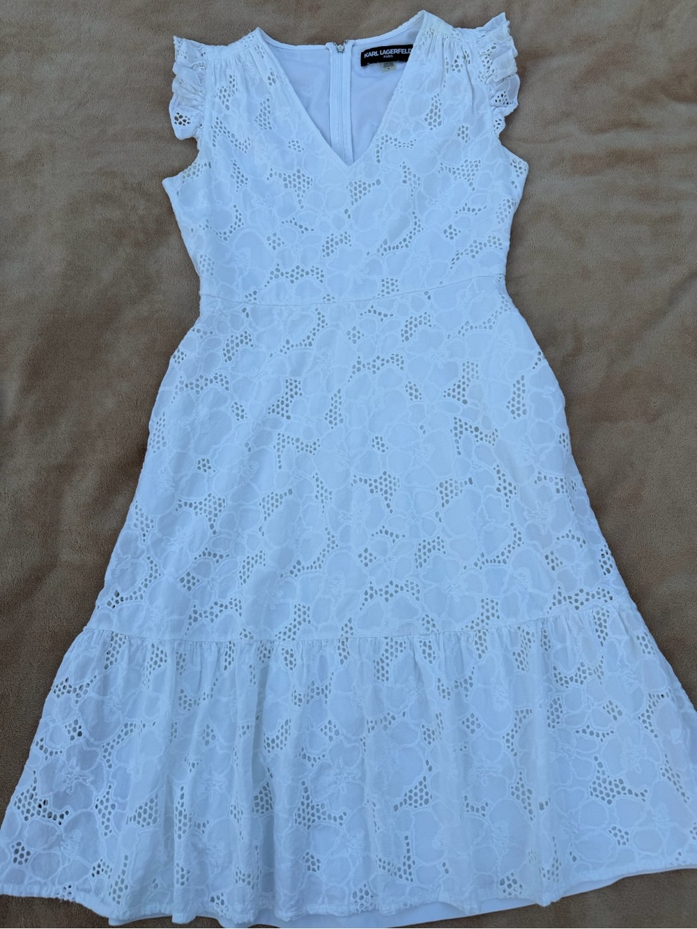 Karl Lagerfeld White Eyelet V-Neck Midi Dress with Ruffle Shoulders Size 8 - Picture 4 of 14